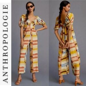 NWT Anthropologie Ranna Grill Abstract Linen Blend Tie-Back Cut-Out Jumpsuit xs